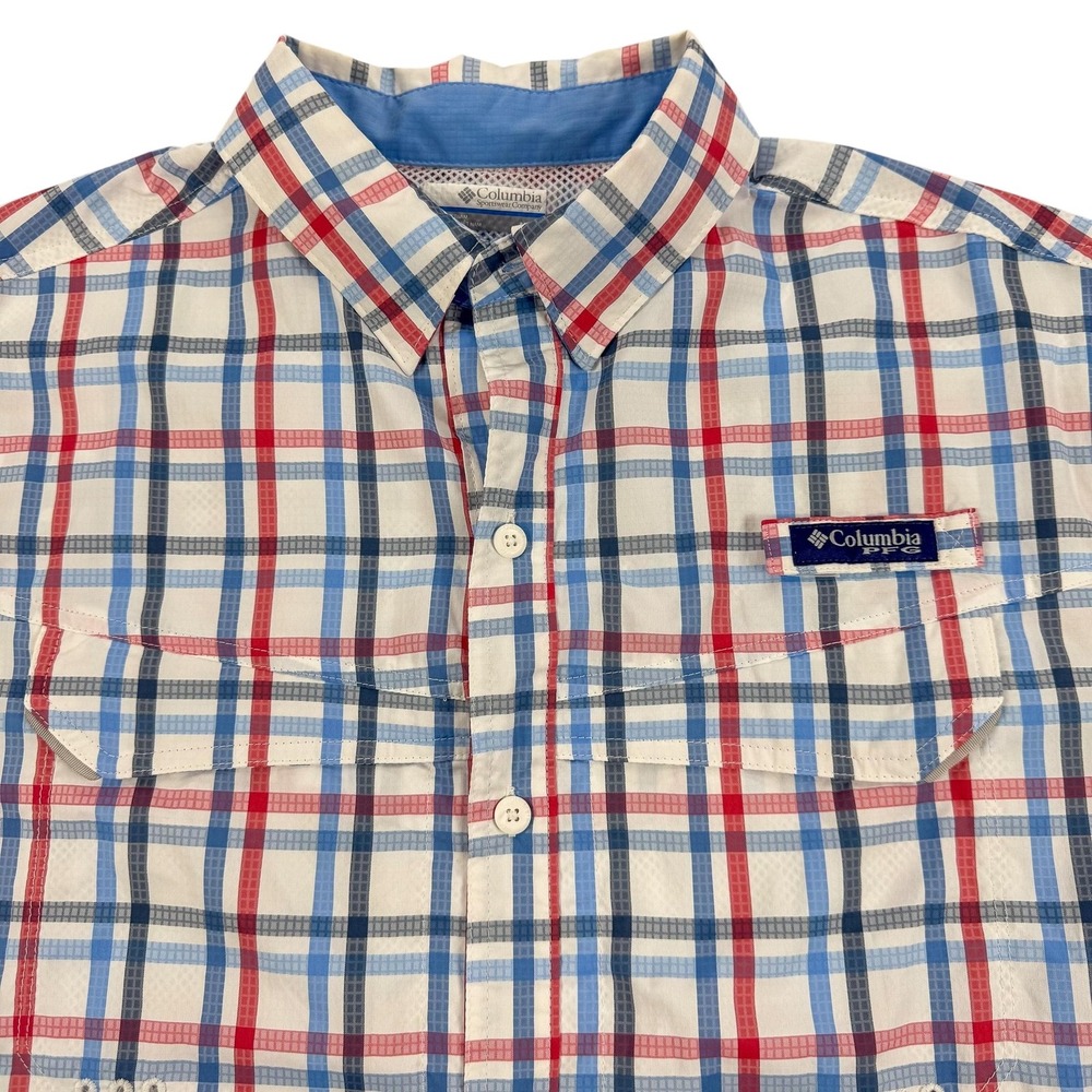 Columbia PFG Shirt Mens Medium Red Blue Plaid Omni-Shade Fishing Vented Outdoor